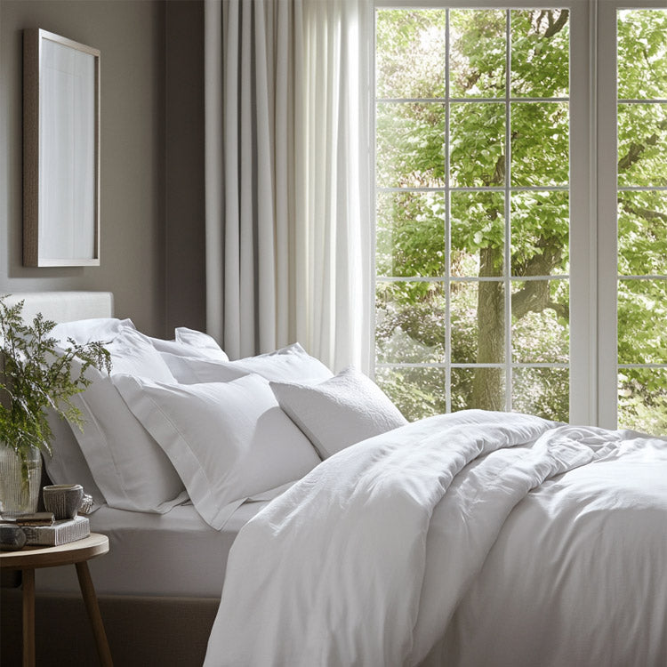 Resort 35 mm Bordered Quilt Cover Set in crisp white cotton sateen styled on an Australian king bed