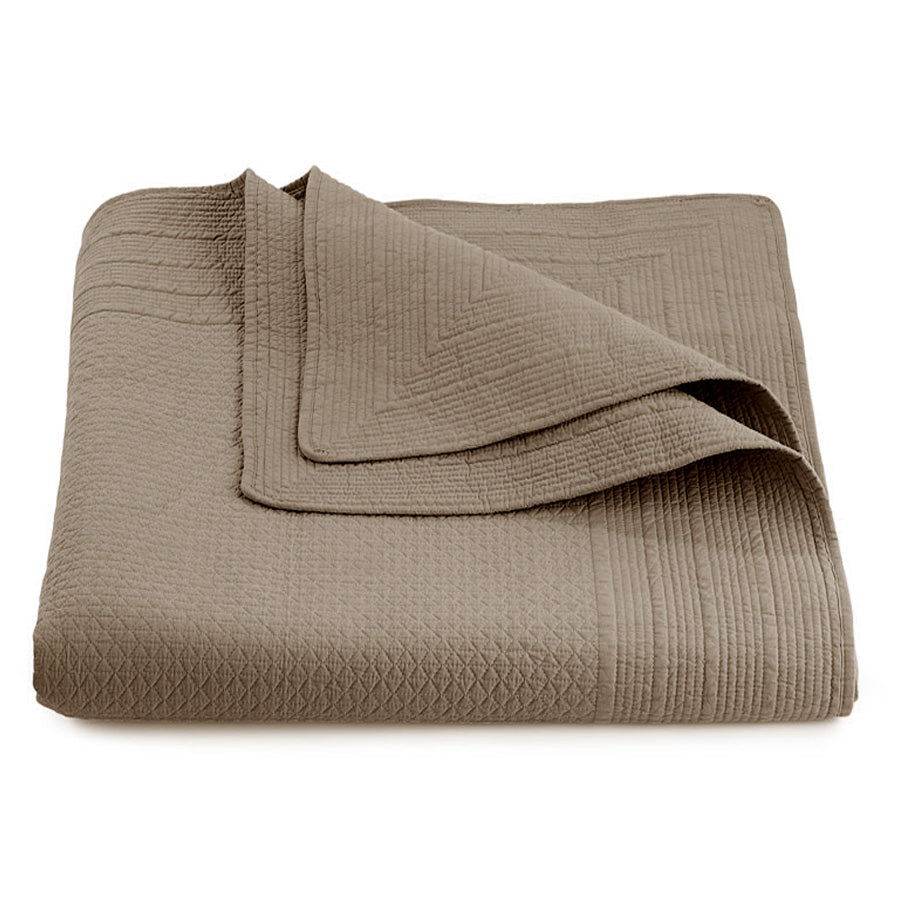 Close-up of mushroom Resort Quilted Bedspread showing delicate geometric quilted pattern and soft 100% cotton percale texture