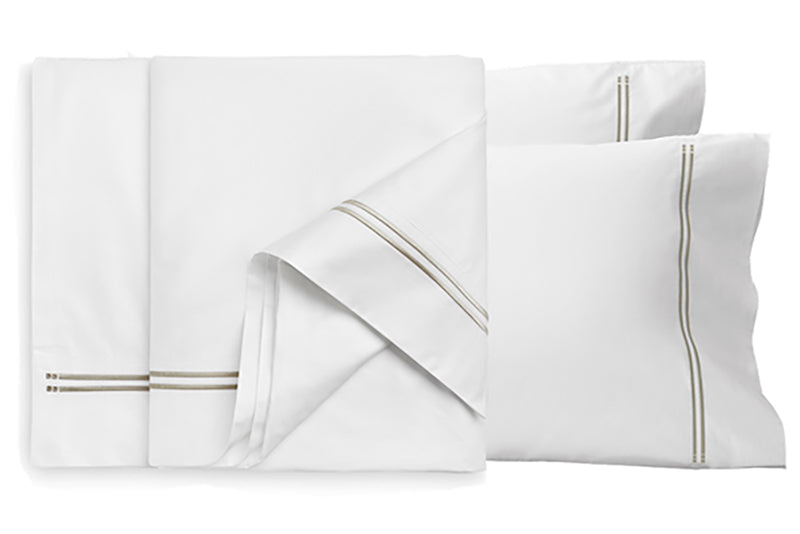 High-quality white cotton sateen bedding set with Pewter satin stitch lines