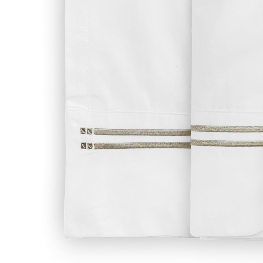 High-quality white cotton sateen bedding set with Pewter satin stitch lines