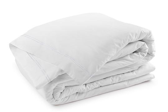 Folded Classique Super King Duvet Cover in white 400TC cotton sateen with satin-stitch detailing.