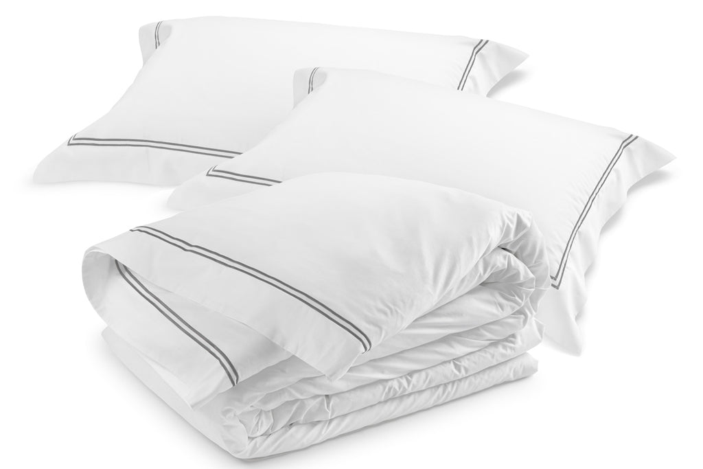 Classique Grey — grey satin-stitch embroidery on white cotton sateen