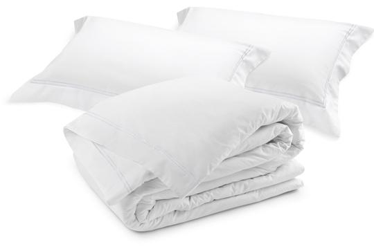 Classique Super King Duvet Cover Set in white cotton sateen with dual satin-stitch embroidery, includes duvet cover and two tailored pillowcases.