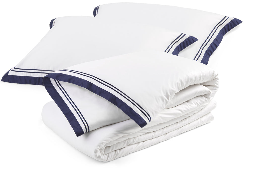 Luxury navy and white bedding flat lay – Manhattan duvet cover and pillowcases by Flaxfield Linen